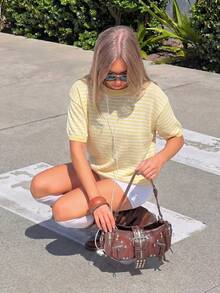 HoloChill Women's Young Influencer Casual Style Color Block Round Neck Short Sleeve Pullover Knit Top, Summer Casual 2026 New Versatile Thin Knit Short Sleeve Round Neck Ribbed Striped Basic Top, Summer Top, Women's Spring Clothing, Women's Holiday Party Top, Women's Beach Outfit, Women's Outing Top, Women's Elegant Top, Summer Vacation Outfit, World Cup, Prom, Luxury - Yellow - View 8