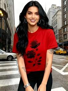 Soft 100% Cotton T-Shirt, Casual Women's T-Shirt | Unique Rose Print - Refined, Ready For Gifting, Casual Crew Neck T-Shirt | Breathable, Lightweight, Comfortable, Perfect For Spring And Summer Wardrobes. Breathable Cotton T-Shirt, Goes With Everything. - 紅色 - 查看 2