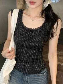 Áo hai dây cổ tròn chấm bi đen ôm dáng kiểu Hàn Quốc, phong cách thường ngày. - màu đen - Xem 4