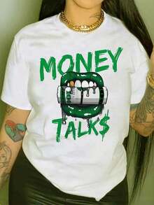 Camiseta de Mujer con Estampado de Dólares y Labios, Moda Casual de Verano, Manga Corta, Cuello Redondo, Ropa de Verano - Blanco - Ver 7