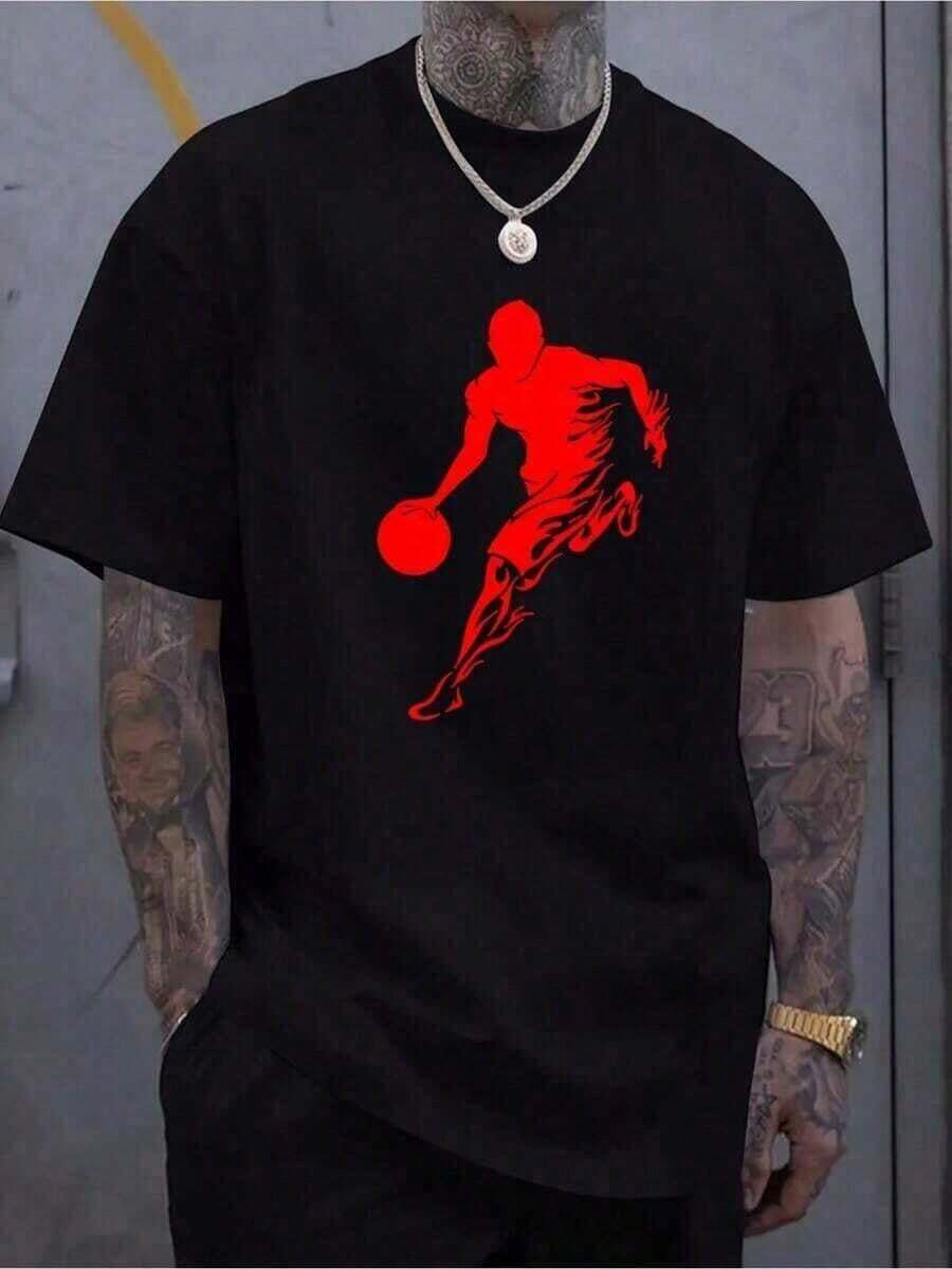 [Printed Silhouette Basketball Jersey] Men's Printed Silhouette Basketball Jersey, 100% Cotton, Casual Crew Neck, Long Sleeve With Slight Elasticity, Comfortable Fit Knit Top For All Seasons MXNX - 黑色 - 查看 1