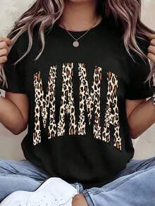 ropa de mujer Camiseta de mujer con estampado de leopardo, texto "Mama", cuello redondo, ropa casual, regalo para madre, camisas de mujer - Negro - Ver 1