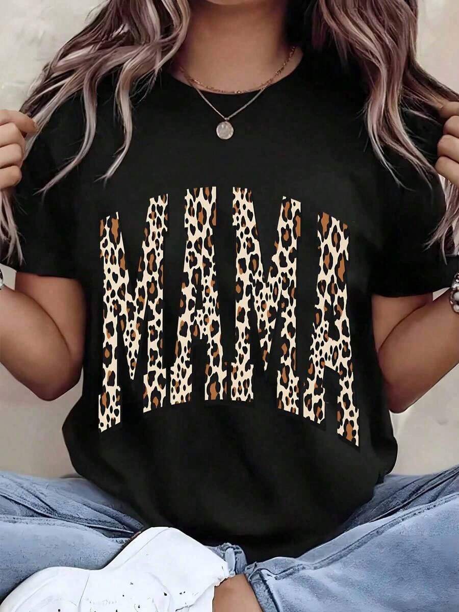 ropa de mujer Camiseta de mujer con estampado de leopardo, texto "Mama", cuello redondo, ropa casual, regalo para madre, camisas de mujer - Negro - Ver 1