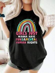 Women's Vintage Urban Style T-Shirt, 100% Cotton, With 'Feminists Just Want To Have Fundamental Rights' Print, Breathable - 黑色 - 查看 7