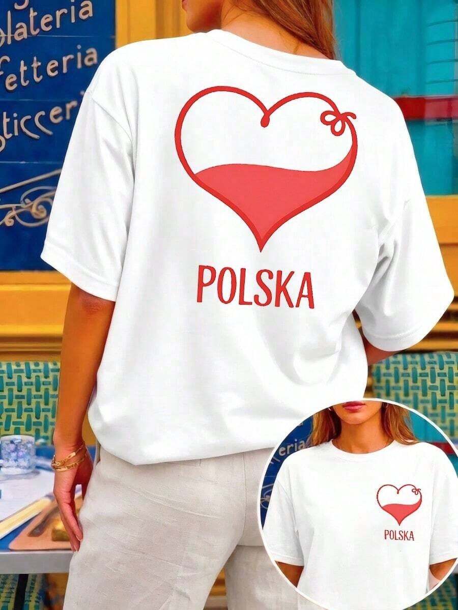 Women's T-Shirt With Double-Sided Print, Red Heart Print POLSKA, Breathable, Fashionable, Versatile, Anti-Pilling, Does Not Fade After Multiple Washes, Comfortable For Daily Wear, Sports And Leisure Activities, Ideal Gift For Holidays And Mother's Day - 白色 - 查看 1