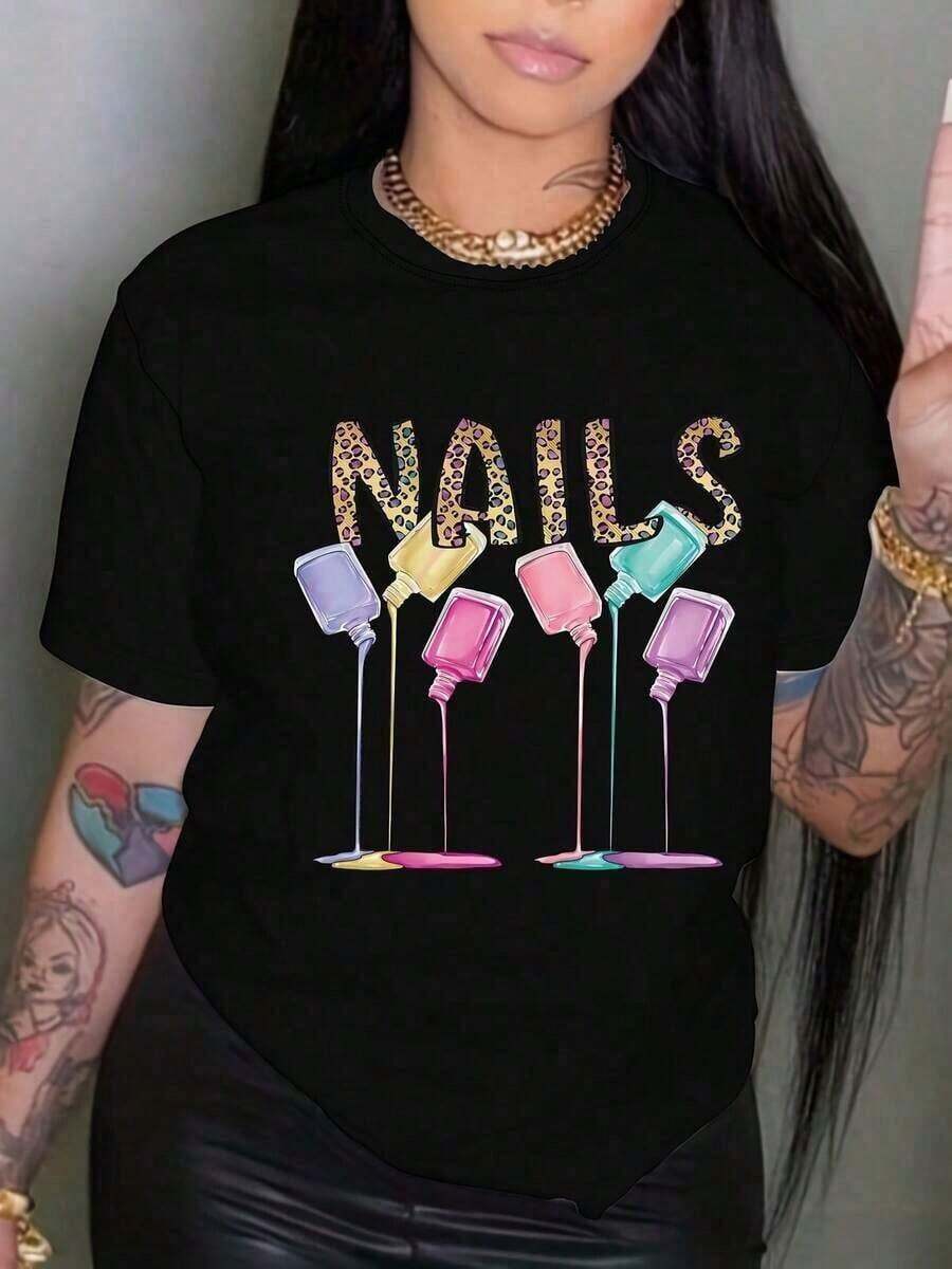 Camiseta de manga corta con estampado gráfico para mujer, diseño de donut, cuello redondo informal para verano y primavera, lavable a máquina, camiseta con estampado de donut para uso casual de primavera. - Negro - Ver 1