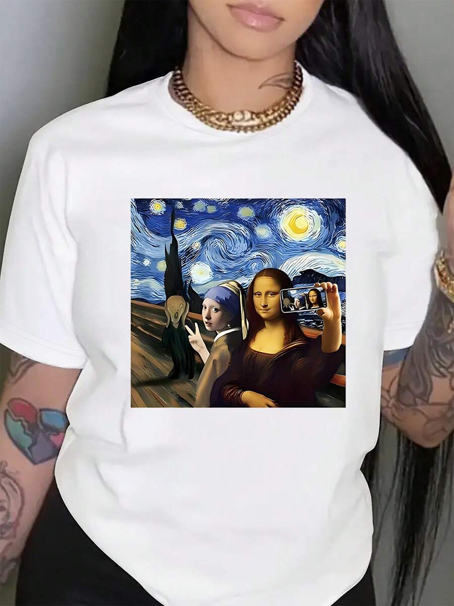 1 Piece Of Women's Short-Sleeved T-Shirt With A Fun Print Of Classic Famous Paintings Such As "Mona Lisa," "The Scream," And "The Starry Night." A Great Gift For Holidays Or Birthdays, This Casual, Versatile, And Comfortable T-Shirt Is Recommended For Everyday Wear. Its Simple And Modern Style Makes It Suitable For Women And Young Adults. Y2k T-Shirt. - 白色 - 查看 1