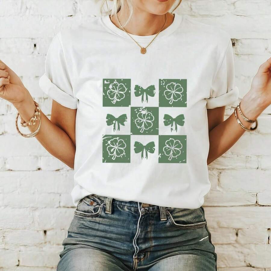 Camiseta a cuadros del Día de San Patricio, camiseta coqueta del Día de San Patricio, camisa irlandesa, camisa Lucky ShamR1OCk, camisa St PatriC1KS Coquette de 220 g de algodón suave para hombres y mujeres, confeccionada con un tejido premium duradero y agradable para la piel con un tacto suave, adecuado para todas las formas corporales y para uso diario. Tops casuales ligeros y transpirables, conjuntos elegantes a juego para otoño, perfectos para la vida diaria, actividades al aire libre, viajes, vacaciones y diversas fiestas temáticas durante todo el año. - Blanco - Ver 1