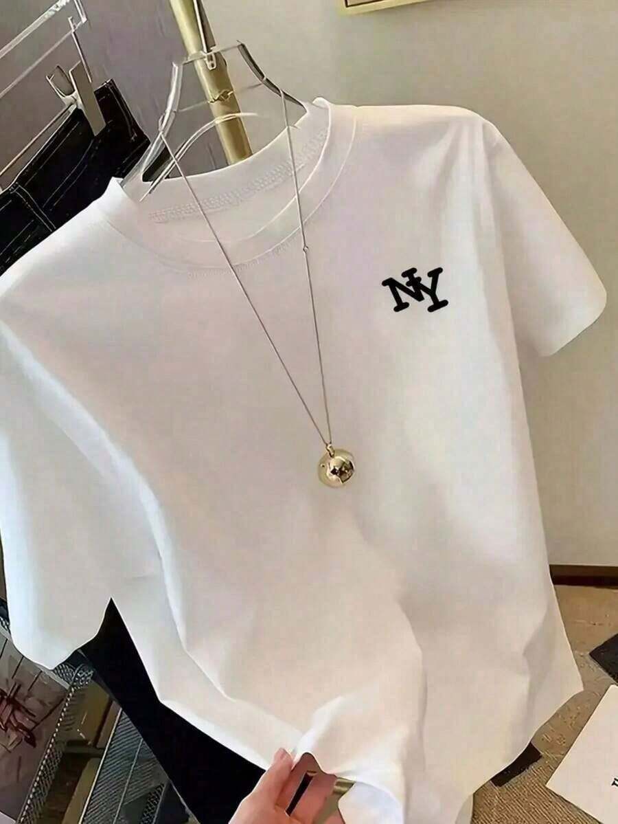 Camiseta de manga corta con estampado sencillo para mujer, cuello redondo, camiseta estampada, top holgado y cómodo para mujer, transpirable y cómoda para el verano. - Blanco - Ver 1