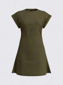 Vestido corto casual de punto de unicolor con cuello redondo, manga corta y cordón lateral para mujer - Verde militar - Ver 5