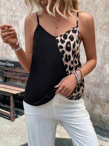 Women's Fashionable Versatile Leopard Print Patchwork Camisole - Black - View 1