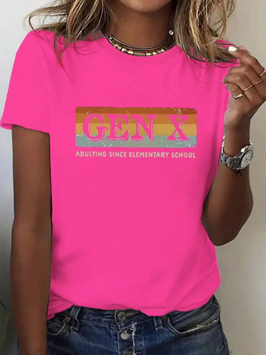 Plus Size - Plus Size - A Vintage-Style Women's T-Shirt With Colorful Striped Patterns And The Texts 'GEN X' And 'ADULTING SINCE ELEMENTARY', Designed In Plus Sizes With A Round Neck. - Hot Pink - View 1