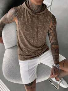 GRDR Men's Summer Hooded Washed Solid Color Tank Top, Casual Sports Style, Suitable For Summer Sports Outfit, Fashion Minimalist - Brown - View 4