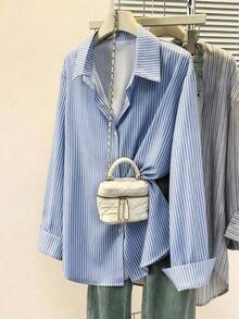 Blusa de mujer con cuello polo, estampado de corazones y rayas - Camisa casual de manga larga con botones, adecuada para uso diario en primavera, verano y otoño - Azul sin corazón - Ver 1