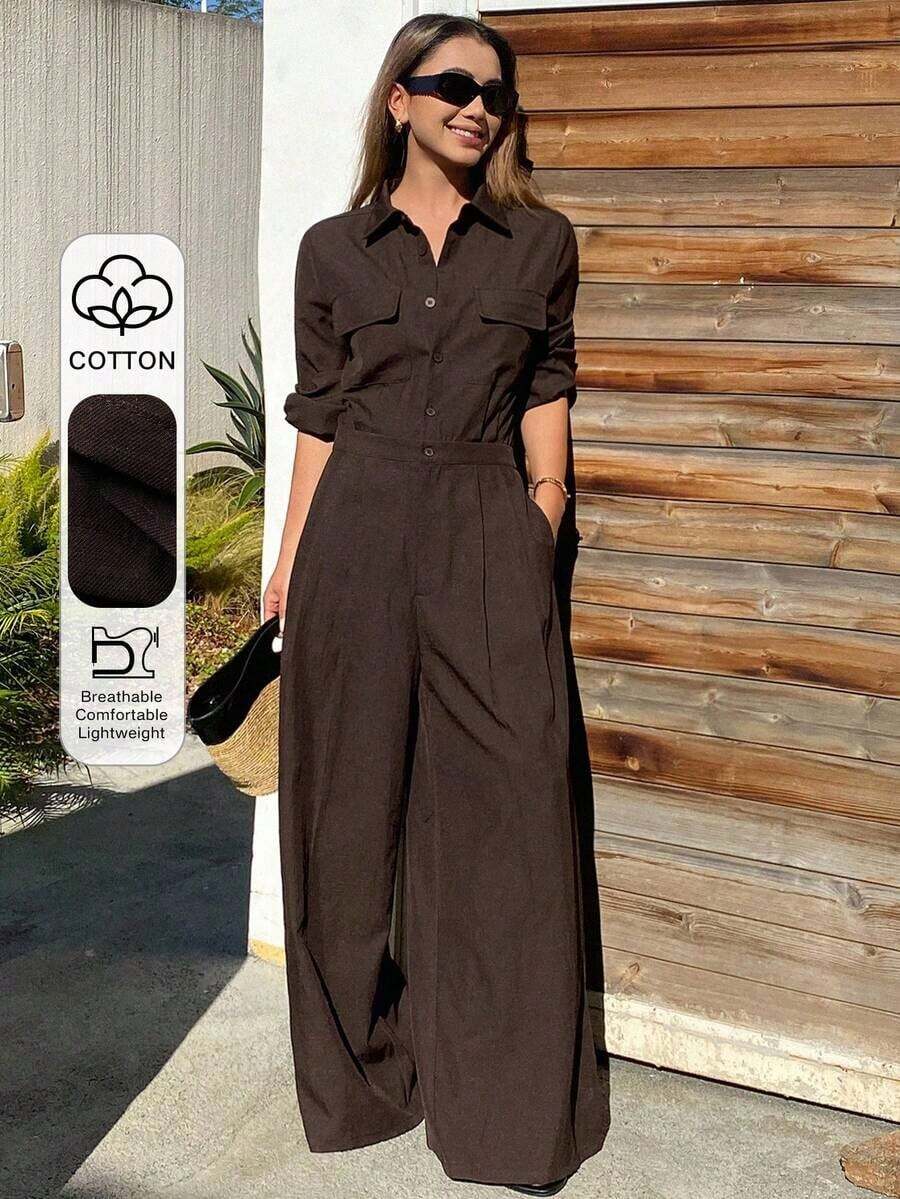Mono informal y holgado para mujer con bolsillos grandes, color marrón, adecuado para la oficina, uso diario, mono de primavera/verano para mujer - Marrón - Ver 1