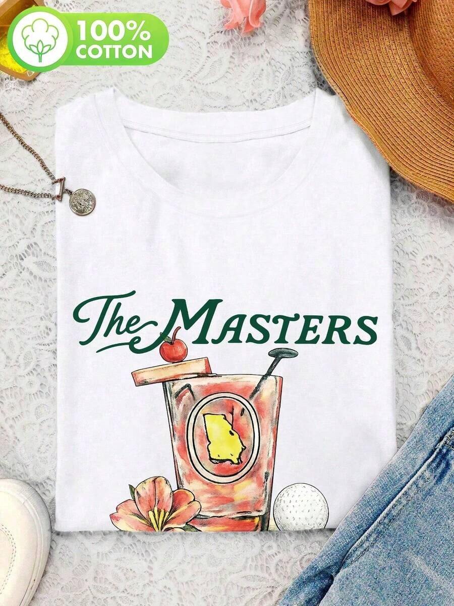 1 Piece Of Women's Short-Sleeved T-Shirt, 100% Cotton, Printed, Augusta Georgia Masters Golf T-Shirt. | Watercolor Azalea Floral Print T-Shirt, For Everyday Wear, Casual Print, Comfortable And Versatile, 180g, 100% Soft Cotton - 白色 - 查看 1