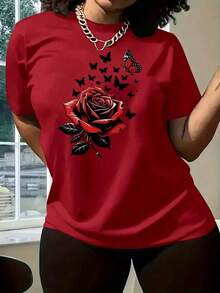 Camiseta de verano de talla grande con cuello redondo estampada con rosas rojas y mariposas - Rojo - Ver 6