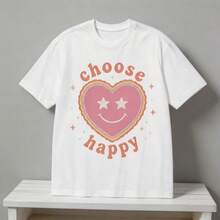 Camiseta Casual de Mujer con Estampado Corazón "Choose Happy", Cuello Redondo y Manga Corta, Estilo Aesthetic y Vintage, Top Suave y Transpirable para Uso Diario, Primavera/Verano 2026 - Blanco - Ver 3