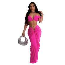 S10642 Sexy European And American Style Sleeveless Strapless Elastic Tight-Fitting Floor-Length Pleated Skirt Two-Piece Set - Đỏ - Xem 10