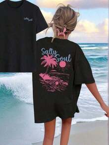 SALTY SOUL Women's Summer T-Shirt 2026, New Spring/Summer Collection, Coconut And Sun Print, Round Neck, Short Sleeve, Casual, Versatile, Essential Garment For Everyday Wear And Vacations. Women's Vacation Print T-Shirt, Loose And Comfortable, Summer Tops - 黑色 - 查看 8