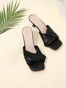 Women's Fashion Square Toe Open Toe Summer Oversized Pleated Comfortable Elegant High Heel Sandals,Kitten Heels - Black - View 3