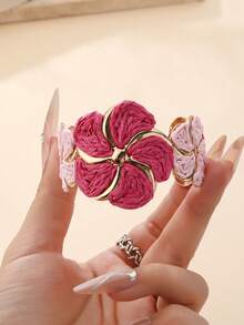 1pc Raffia Flower Open Bangle Bracelet, Contrasting Metal Flower Holder, Niche Accessory, Suitable For Beach Vacation, Summer Party, Gathering With Friends, Daily Wear, Vacation Style / Energetic Style / Retro Style - Plum Red - View 6
