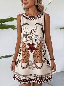 Vestido casual de verano para vacaciones en la playa, de algodón y lino con textura, color albaricoque, sin mangas y corte recto para mujeres - Multicolor - Ver 7