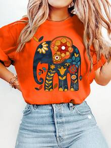 Women's High-Quality Wholesale T-Shirt With Bohemian Elephant Print - Short-Sleeved Top With A Soft Round Neck, Featuring Vibrant Elephant And Flower Designs, Suitable For Casual And Semi-Formal Wear In All Seasons. Made From Comfortable Stretch Fabric, Machine Washable, Available In Sizes S-XXL. New 2026 Collection - 100% Breathable Cotton. - 白色 - 查看 7
