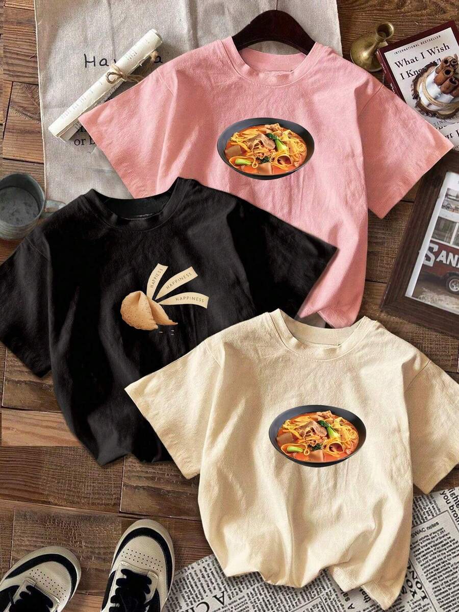 Camiseta de mujer con estampado de ramen de una sola pieza - Camiseta casual de cuello redondo compatible con Lucky Corner, adecuada para conjuntos temáticos, uso diario y para usar en capas - Lavable a máquina y cómoda. - Negro - Ver 1