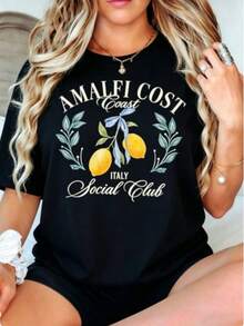 Women's Fall Amalfi Italy Lemon Graphic Tee, "AMALFI ITALY Social Club" Print, 180g Soft Slightly Stretch Cotton Round Neck Short Sleeve Casual Top - 黑色 - 查看 9