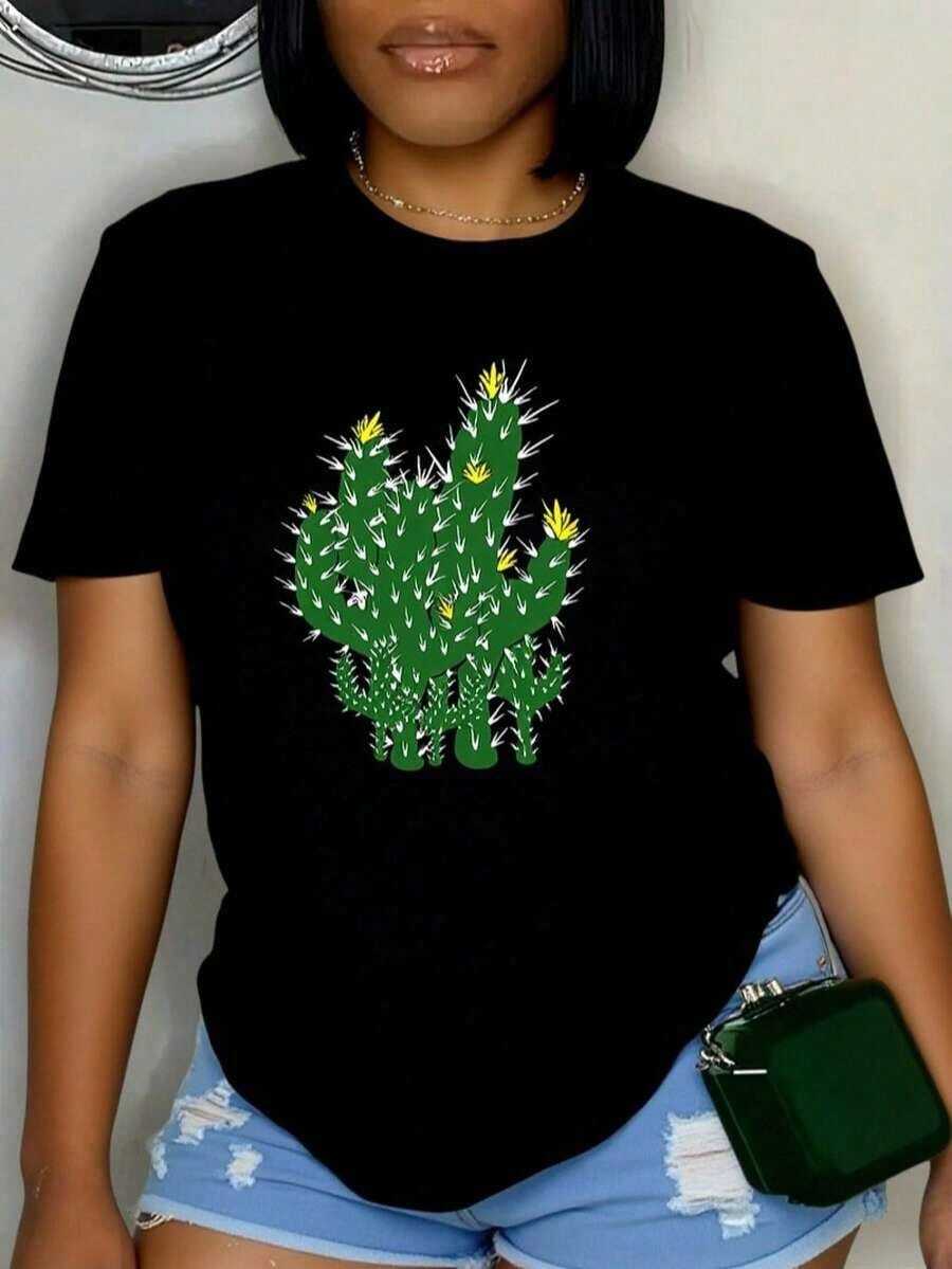 Fashion Printed T‑Shirts for Women, Oversized Streetwear Tops, Comfortable and Stylish All‑Match Summer TeesCamiseta casual de mujer con estampado de cactus Camiseta oversize informal para mujer con estampado de cactus espinosos Camisetas de Mujer - Negro - Ver 1