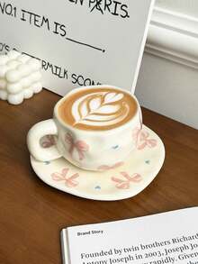 CMYD Studio 1pc 280ml Original Nordic Style Handmade Ceramic Coffee Cup & Saucer Set, Multi-Color Plaid, Heart, Cloud, Floral Pattern, Suitable For Afternoon Tea, Milk, Latte, Dessert Plates - Great Gift - Multicolor - View 38