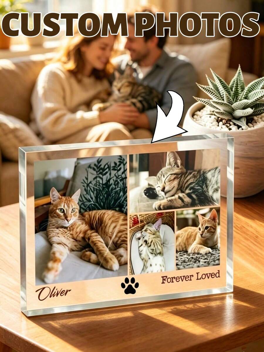 Customized Acrylic Photo Frame, Custom Cat Dog Photo Acrylic Plaque, Personalized Pet Memorial Gift, Horizontal Rectangular Desktop Display, Pet Sympathy Gift - Multicolor - View 1