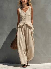 New Linen Set For Spring-Summer, Casual And Office Style, Button-Front Vest With V-Neck, Flattering Design, Perfect For Daytime Looks And Seasonal Transitions - Khaki - View 4