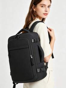 1pc Large Capacity Grey Travel Laptop Backpack. Durable Water-Resistant Nylon Commuter Backpack With Luggage Strap And Multi-Compartment Design. 180° Wide Opening Large Capacity Bag With Separate Laptop Compartment. - Black - View 8