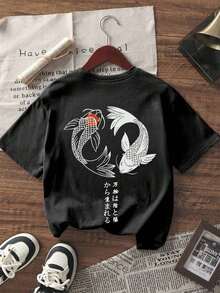 Camiseta de mujer de manga corta con cuello redondo y estampado de peces koi, de estilo casual y versátil para el verano - Negro - Ver 5