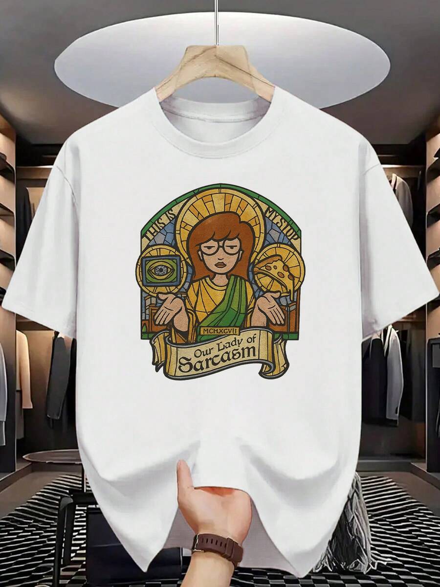 Casual T-Shirt, 100% Cotton, Men's Short Sleeve, Crew Neck, Digital Print, Comfortable For All Seasons, Machine Washable, Ideal For Everyday Wear, Crew Neck, Circular Design, Casual Summer T-Shirt, Muscle Freaks Sarcasm Style Daria Women's T-Shirt, 100% Cotton, Durable - [白色的] - 查看 1