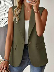 Blazer sin mangas de estilo elegante de color verde oliva para mujer, chaleco casual con solapa y botón en tela tejida lisa, corte regular - Verde Oliva - Ver 1