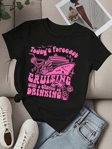 Camiseta de cuello redondo para mujer con estampado gráfico "Hoy tengo planes de paseo con posibilidad de tomar una copa", manga corta, para cruceros, vacaciones y fiestas. - Negro - Ver 2
