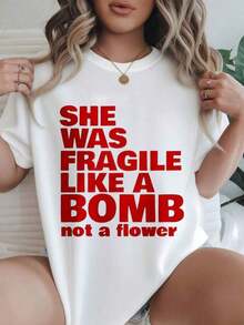 Women's Casual Short-Sleeve T-Shirt - "She Was Fragile Like A Bomb, Not A Flower", Crew Neck, Summer Top, Machine Washable, Ladies' T-Shirts, Casual Wear, Modern Style, Comfortable Fit

-White - 白色 - 查看 7