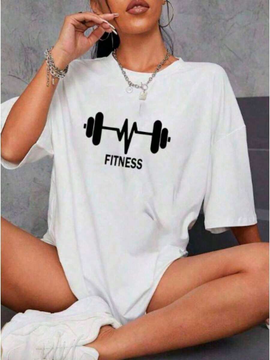 Women's Casual Graphic Print T-Shirt, 95% Cotton 5% Spandex, Short Sleeves, Crew Neck, Dropped Shoulders, Regular Length, All-Season - Heartbeat Print. New Summer Arrivals. - 白色 - 查看 1