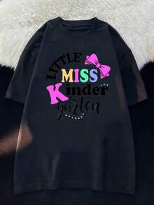 Camiseta Casual de Talla Grande para Mujer - Camiseta con Estampado "Little Miss Kindergarten" y Letras Coloridas, Cuello Redondo, Manga Corta, Poliéster Ligero, Perfecta para Verano y Primavera, Estilo Y2k - Negro - Ver 10