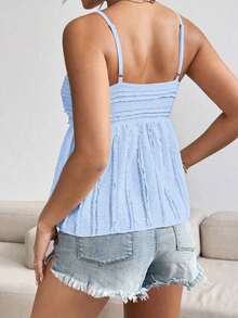 Camiseta sin mangas de mujer de moda con diseño plisado de unicolor y ribete de encaje - Azul - Ver 2