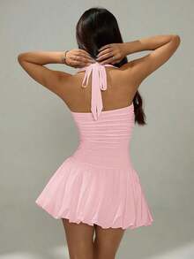 PETITE Vestido informal corto de unicolor con cuello de lazo y espalda descubierta para mujer - Rosa - Ver 2
