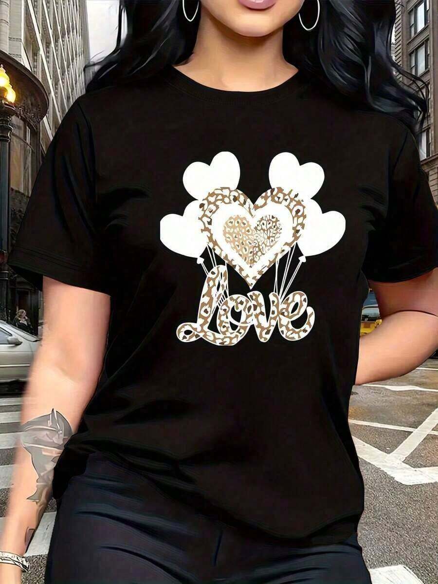 Minimalist New Women's Pure Cotton Casual T-Shirt, Combining Wild And Delicate Elements, With A Heart-Shaped Balloon Print And Leopard Print, And A Modern, Simple Crew Neck. It's A Versatile, Casual Short-Sleeve T-Shirt, Suitable For Leisure, Travel, Vacations, And Other Activities. 13419 Versatile Sports Print Short-Sleeve T-Shirt For Everyday Wear. Women's Simple Solid Color T-Shirt, Loose And Slim Fit Casual Short Sleeve - 黑色 - 查看 1