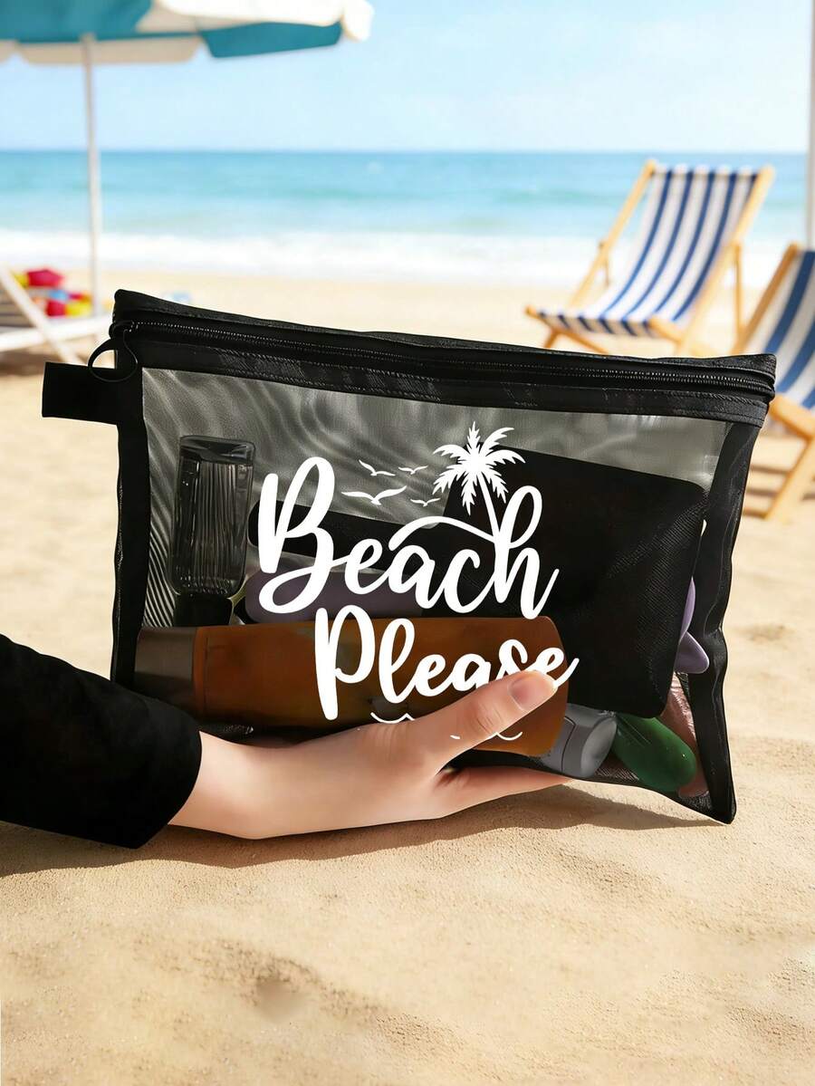 多色時尚網格海灘包，印有「Beach」文字的化妝包，海灘主題。大容量透明化妝包，尼龍拉鍊化妝包，輕巧，可存放防曬霜、零食、比基尼和海灘必需品。春/夏儲物，耐用，非常適合游泳、海灘、潛水和夏季假期，學生返校，輕巧防曬儲物包，適合朋友、母親節、返校季節