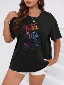 Soft 100% Cotton Plus Size Women's Casual Short-Sleeve T-Shirt - Inspirational Butterfly Print With The Phrase "Faith Hope Love", Elastic Crew Neck, Machine Washable, Comfortable Spring/Summer T-Shirt, Cute Short-Sleeve T-Shirts, Relaxed Fit, Stylish Top, Soft Material, Printed T-Shirt, For Fashion Lovers, Breathable Cotton T-Shirt, Goes With Everything, Great. - 黑色 - 查看 6