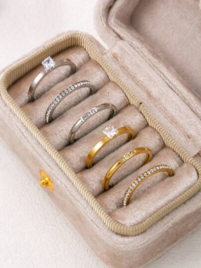 3pcs 18K Gold Plated Stainless Steel Fashion Rhinestone Ring Set, Gold & Silver Tone Single Row Round/Square Diamond Plain Band Rings Combination, Versatile Elegant Gift For Daily, Dating, Office Wear