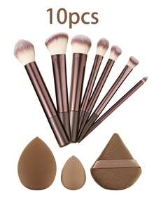 Set de 7 piezas/10 piezas/17 piezas de brochas de maquillaje marrones con borlas de polvo, brochas profesionales para base, rubor y sombras de ojos para principiantes - Marrón - Ver 8