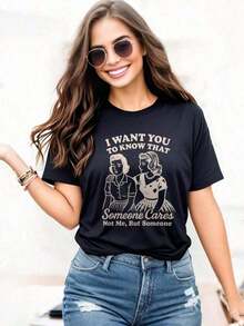 Women's Oversized Style T-Shirt, "I Want You To Know Someone Cares", Vintage Style, Funny And Sarcastic T-Shirt, Oversized T-Shirt For Women, Perfect For Parties Or Gifts, Soft And Comfortable, 100% Cotton, Casual Short Sleeve T-Shirt For Women, Summer And Vacation Clothes. - 黑色 - 查看 6